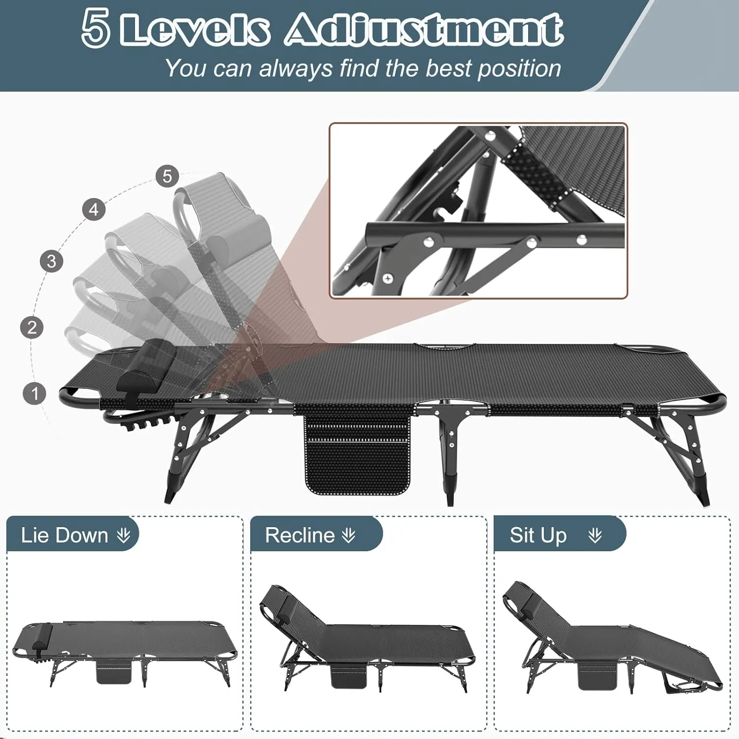 Heavy Duty Folding Camping Chair Adjustable Camping Recliner 5 Positions Portable Beach Lounge Chair with Removable Cushion, Support 500lbs for Adults
