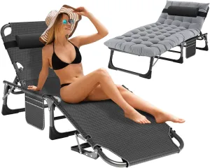 Heavy Duty Folding Camping Chair Adjustable Camping Recliner 5 Positions Portable Beach Lounge Chair with Removable Cushion, Support 500lbs for Adults