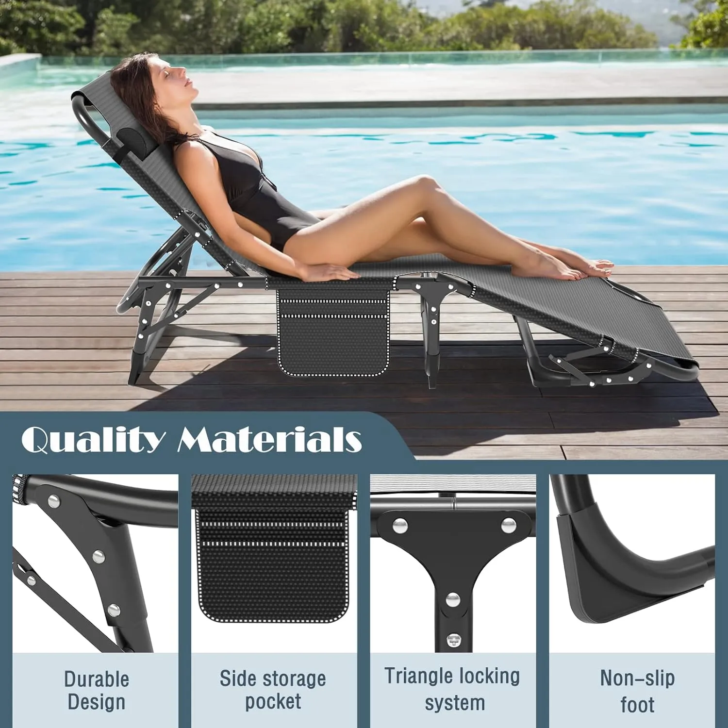 Heavy Duty Folding Camping Chair Adjustable Camping Recliner 5 Positions Portable Beach Lounge Chair with Removable Cushion, Support 500lbs for Adults