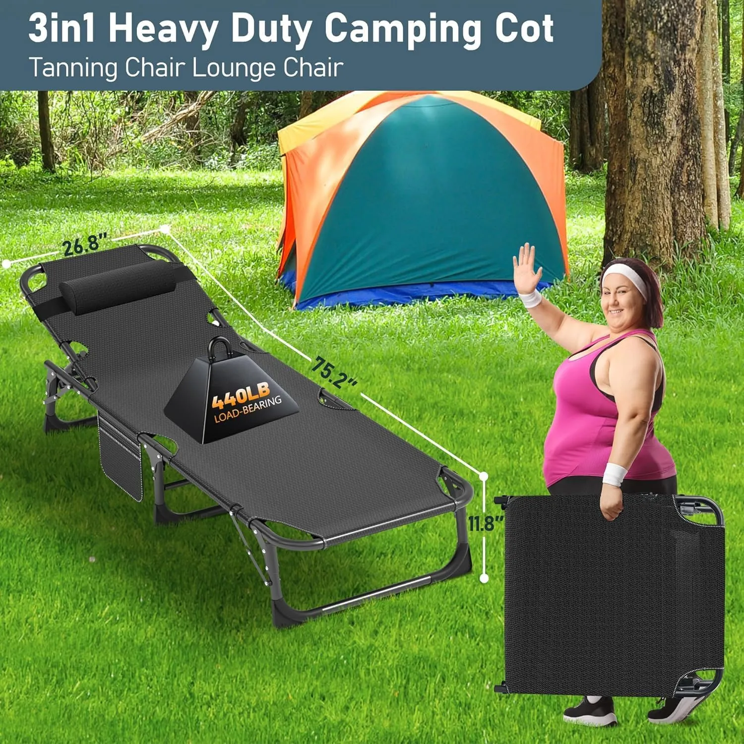 Heavy Duty Folding Camping Chair Adjustable Camping Recliner 5 Positions Portable Beach Lounge Chair with Removable Cushion, Support 500lbs for Adults