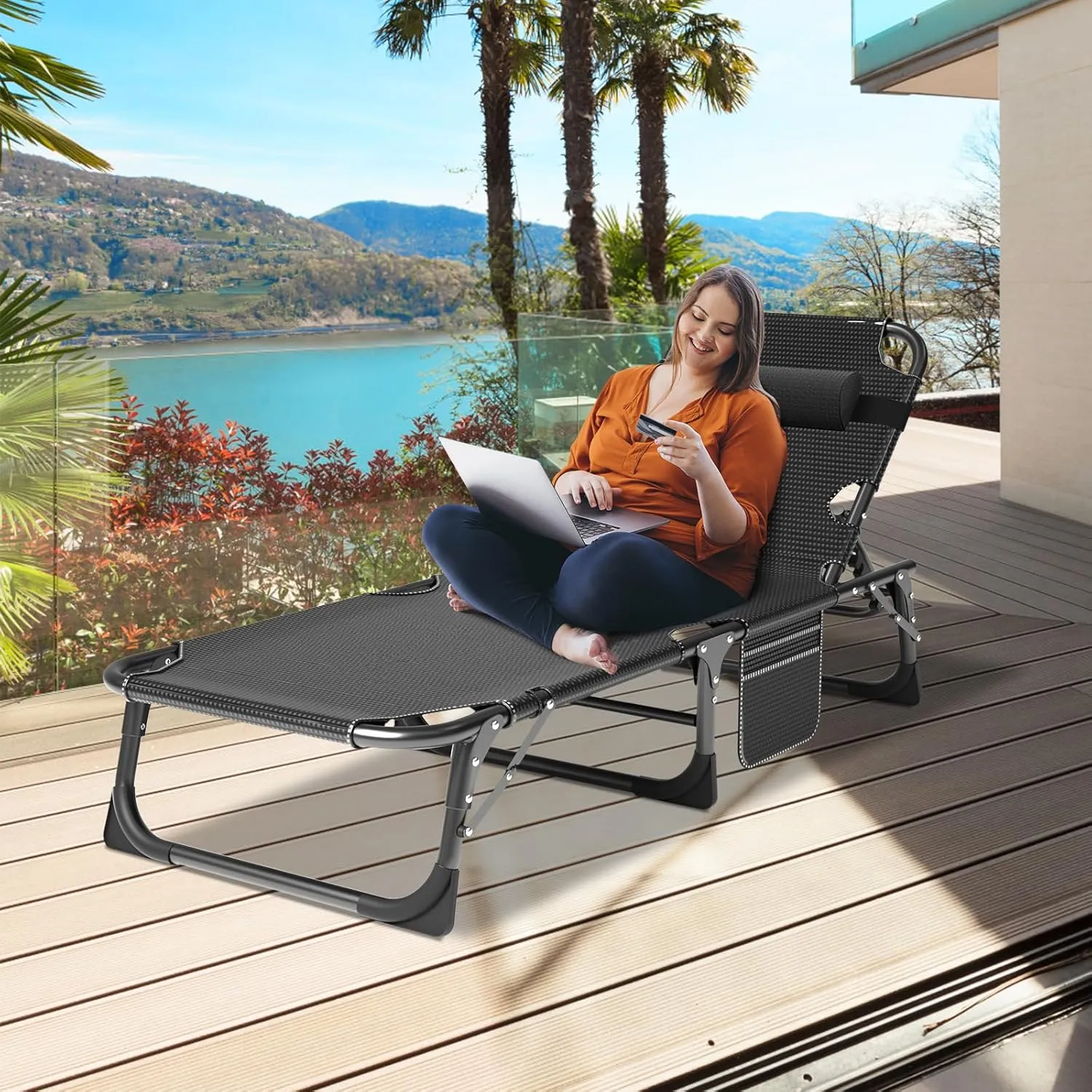 Heavy Duty Folding Camping Chair Adjustable Camping Recliner 5 Positions Portable Beach Lounge Chair with Removable Cushion, Support 500lbs for Adults
