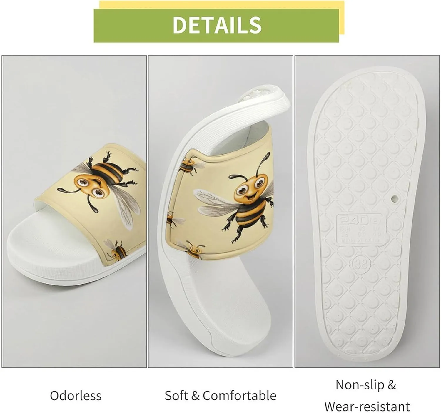 Home Slides Shower Sandals,Honey Bee Print Open Toe Slippers,Summer Beach Slides,Non-Slip Shower Shoes for Indoor And Outdoor