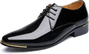 HOOENG Dress Oxford Shoes for Men Lace Up Shiny Round Toe Derby Shoes Patent Leather Non Slip Rubber Sole Block Heel Low Top Business (Color : Black, Size : 11)