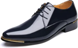 HOOENG Dress Oxford Shoes for Men Lace Up Shiny Round Toe Derby Shoes Patent Leather Non Slip Rubber Sole Block Heel Low Top Business (Color : Blue, Size : 11)