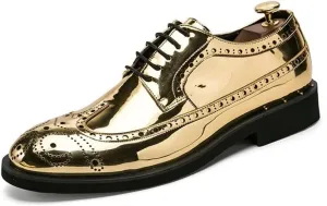 HOOENG Formal Oxford Shoes for Men Lace Up Brogue Embossed Wing tip Shiny Derby Shoes Vegan Leather Anti-Slip Non Slip Block Heel Rubber Sole Low Top (Color : Golden, Size : 6.5)