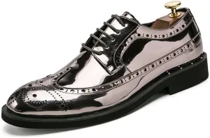 HOOENG Formal Oxford Shoes for Men Lace Up Brogue Embossed Wing tip Shiny Derby Shoes Vegan Leather Anti-Slip Non Slip Block Heel Rubber Sole Low Top (Color : Silver, Size : 10.5)