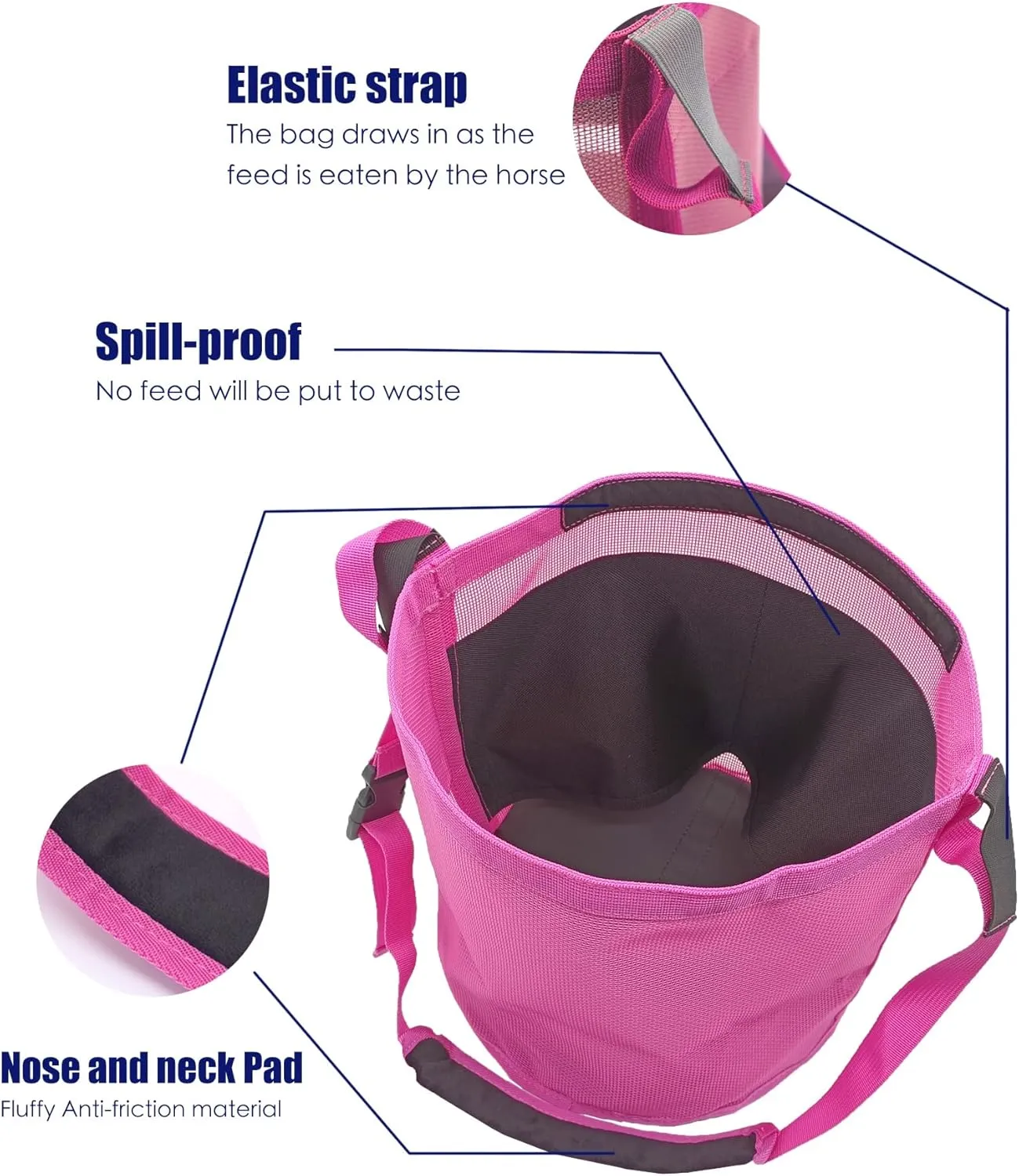 Horse Feed Bag Grain - Heavy Duty Mesh Feed Bucket with Adjustable Strap,Comfort Neck Pad,Nose Pad and Waterproof Bottom Horse Muzzle Feed Bag(Medium,Blue Pink)