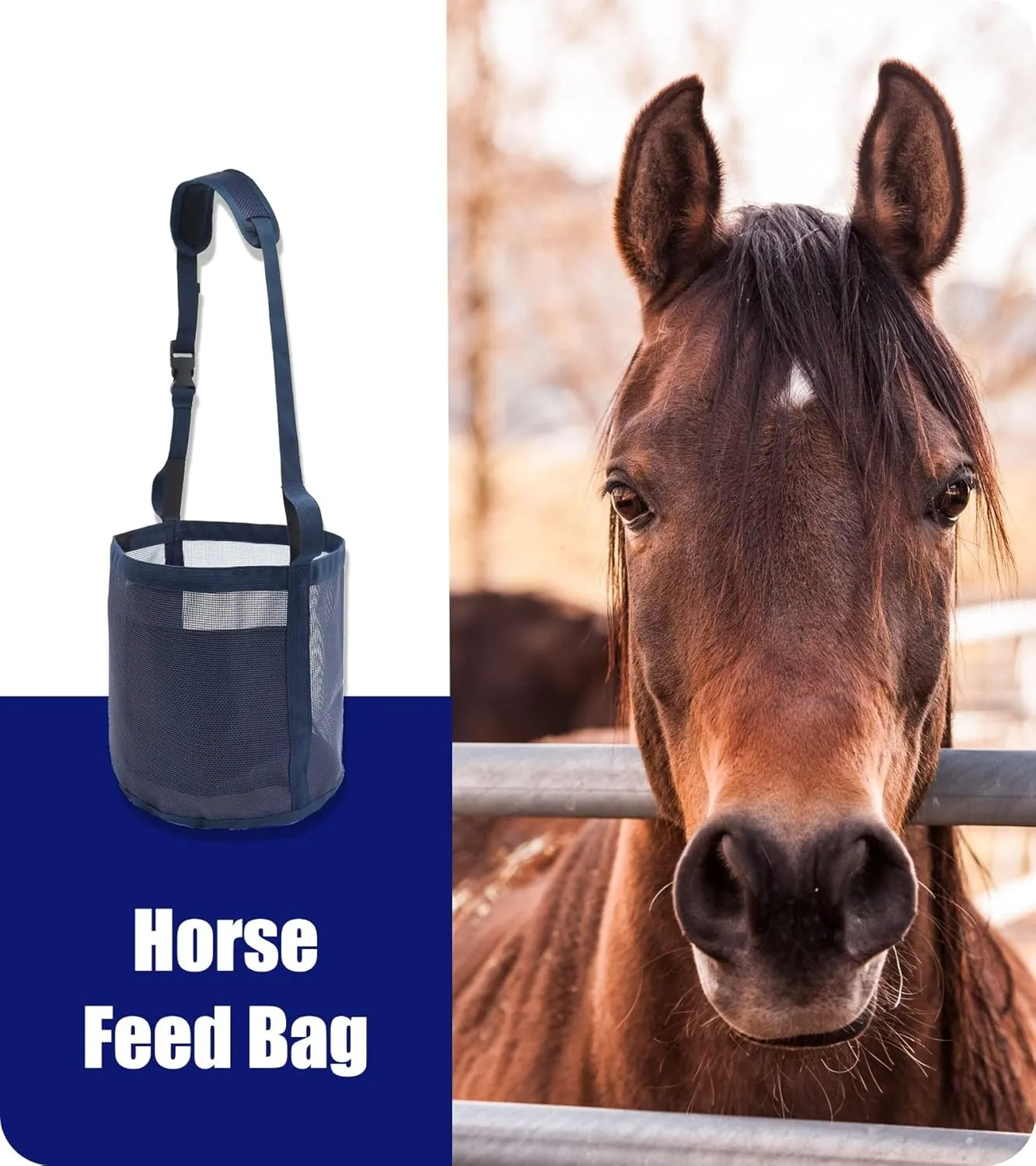 Horse Feed Bag Grain - Heavy Duty Mesh Feed Bucket with Adjustable Strap,Comfort Neck Pad,Nose Pad and Waterproof Bottom Horse Muzzle Feed Bag(Medium,Blue Pink)