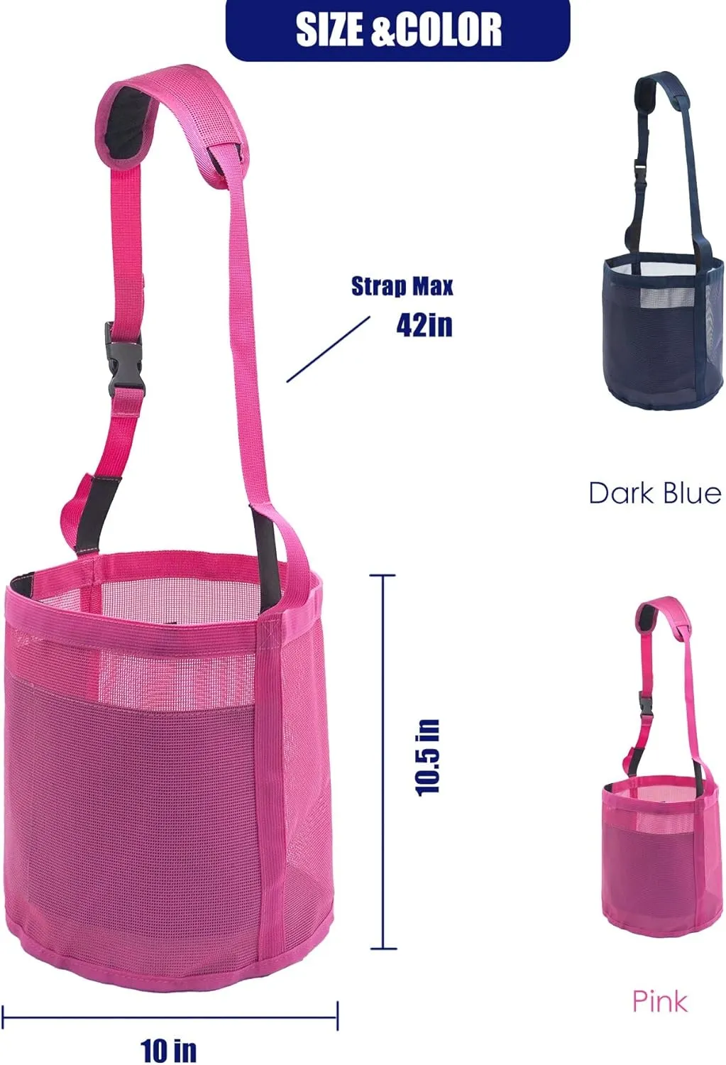 Horse Feed Bag Grain - Heavy Duty Mesh Feed Bucket with Adjustable Strap,Comfort Neck Pad,Nose Pad and Waterproof Bottom Horse Muzzle Feed Bag(Medium,Blue Pink)