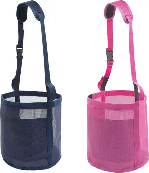 Horse Feed Bag Grain - Heavy Duty Mesh Feed Bucket with Adjustable Strap,Comfort Neck Pad,Nose Pad and Waterproof Bottom Horse Muzzle Feed Bag(Medium,Blue Pink)