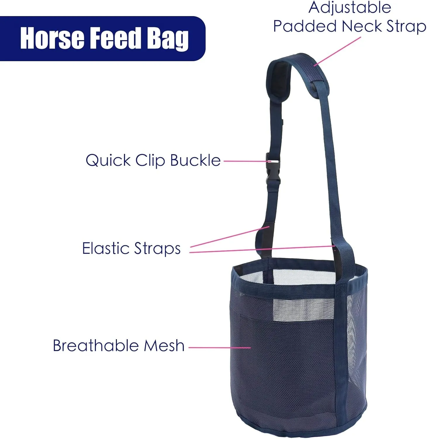 Horse Feed Bag Grain - Heavy Duty Mesh Feed Bucket with Adjustable Strap,Comfort Neck Pad,Nose Pad and Waterproof Bottom Horse Muzzle Feed Bag(Medium,Blue Pink)