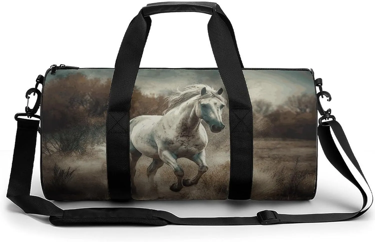 Horse Running in Field Cylindrical Gym Bag Travel Duffel Bag with Dry Wet Separated Pocket for Men And Women Overnight Bag Weekender Bag Training Handbag Yoga Bag