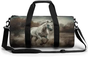 Horse Running in Field Cylindrical Gym Bag Travel Duffel Bag with Dry Wet Separated Pocket for Men And Women Overnight Bag Weekender Bag Training Handbag Yoga Bag
