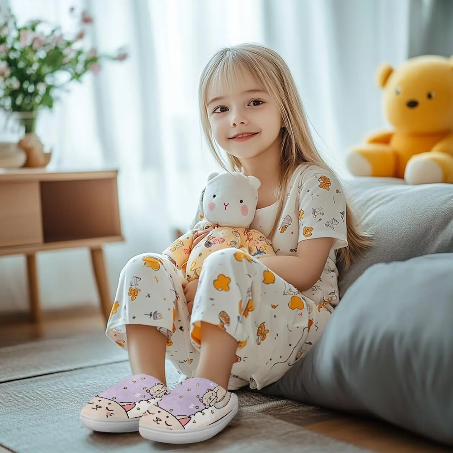 House Slippers for Kids Plush Cotton Slipper Home Indoor Fuzzy Slipper Shoes Warm Non Slip Fleece Plush Slipper Size 9-15
