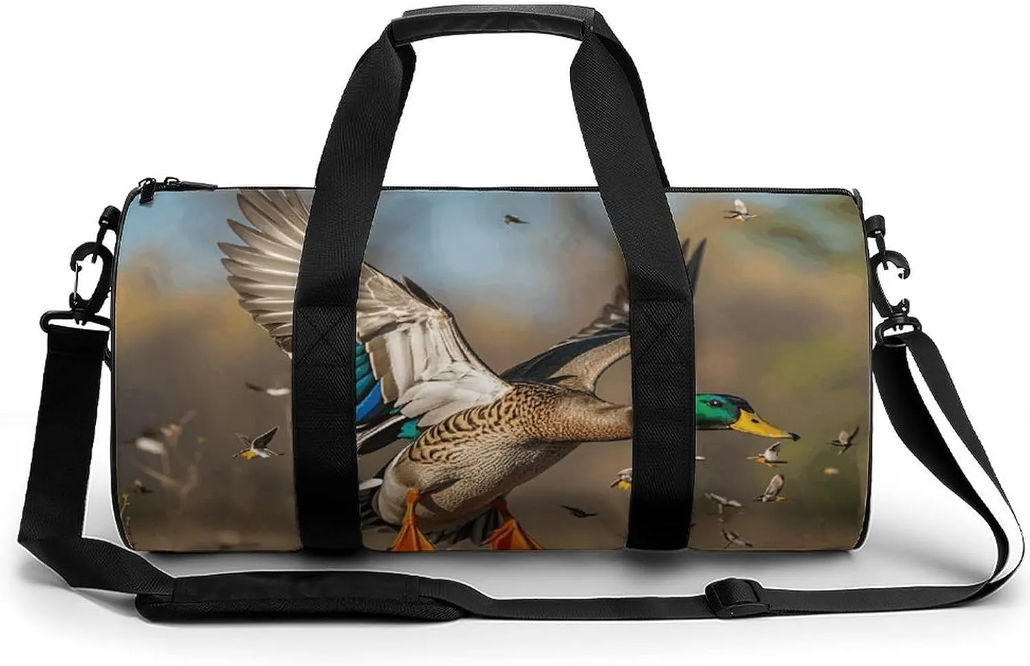 Hunting Flying Wild Ducks And Tree Cylindrical Gym Bag Travel Duffel Bag with Dry Wet Separated Pocket for Men And Women Overnight Bag Weekender Bag Training Handbag Yoga Bag