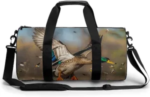 Hunting Flying Wild Ducks And Tree Cylindrical Gym Bag Travel Duffel Bag with Dry Wet Separated Pocket for Men And Women Overnight Bag Weekender Bag Training Handbag Yoga Bag