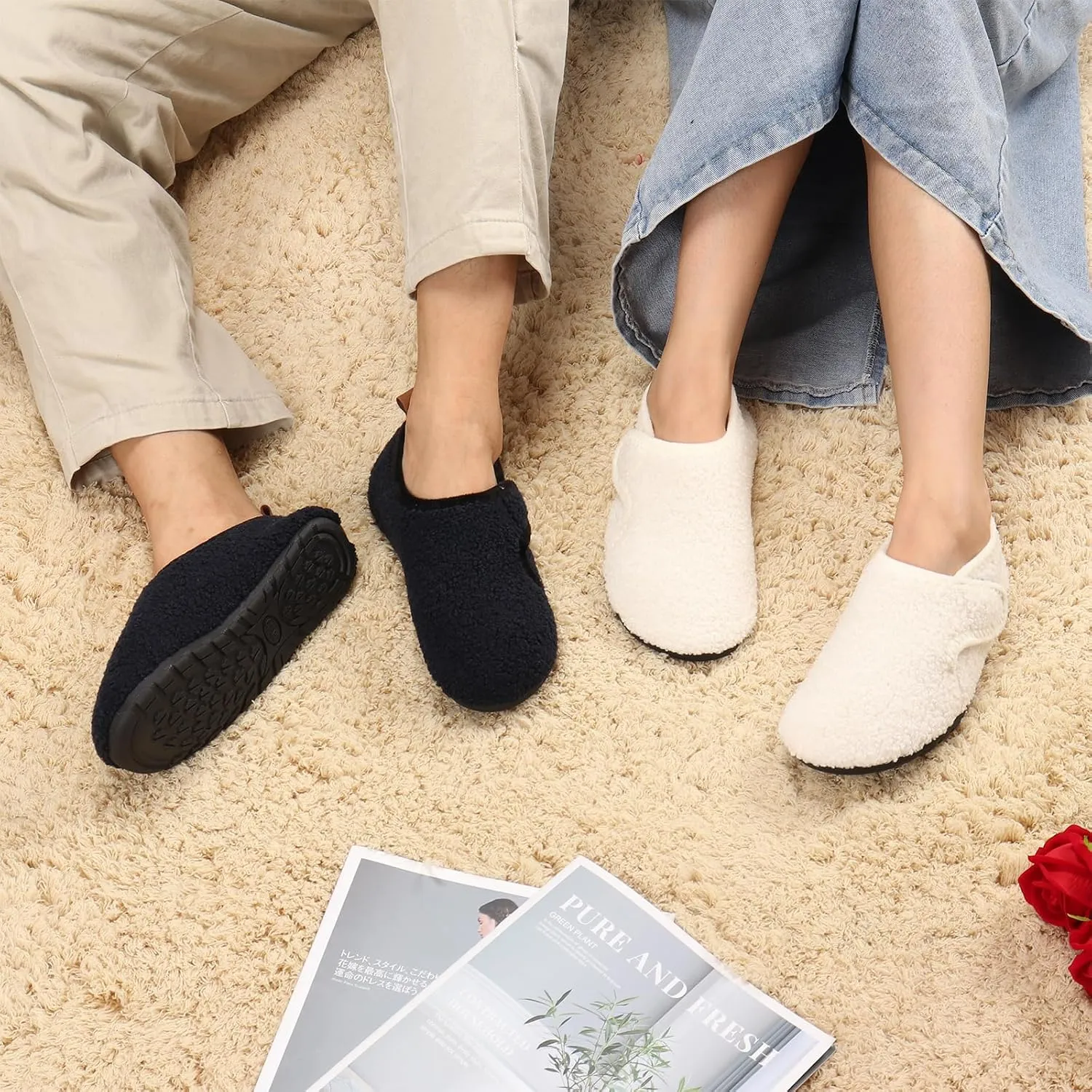 Ibeauti Womens Mens House Slippers Rubber Sole Indoor Slipper Socks Lightweight Fleece Lined Slip-on Barefoot Slippers