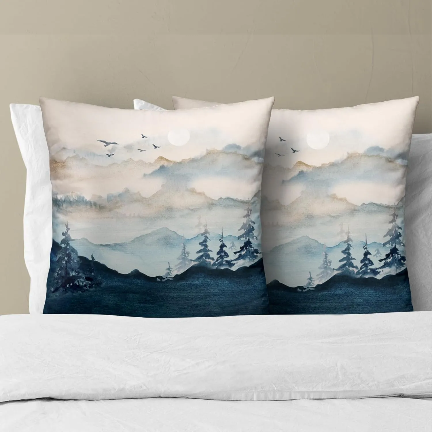 Imiss Misty Mountain Forest Pillow Covers 18x18 Inch Blue Burnt Orange Decorative Double Sided Cushion Covers Set of 2 Nature Landscape Pillowcases for Couch Bedroom Car