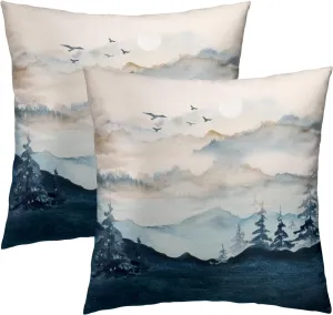 Imiss Misty Mountain Forest Pillow Covers 18x18 Inch Blue Burnt Orange Decorative Double Sided Cushion Covers Set of 2 Nature Landscape Pillowcases for Couch Bedroom Car