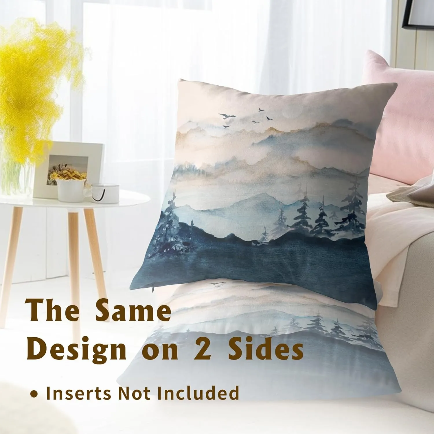 Imiss Misty Mountain Forest Pillow Covers 18x18 Inch Blue Burnt Orange Decorative Double Sided Cushion Covers Set of 2 Nature Landscape Pillowcases for Couch Bedroom Car