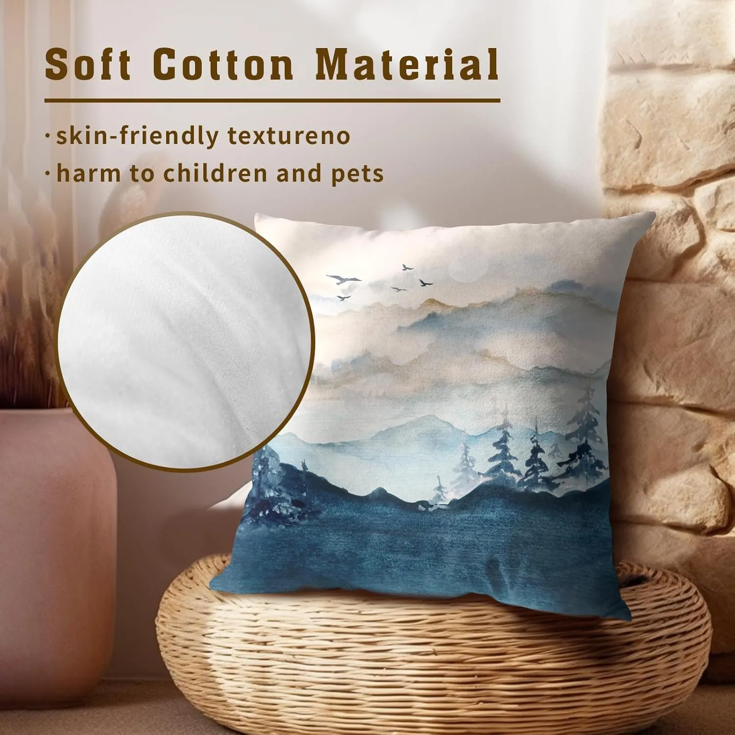 Imiss Misty Mountain Forest Pillow Covers 18x18 Inch Blue Burnt Orange Decorative Double Sided Cushion Covers Set of 2 Nature Landscape Pillowcases for Couch Bedroom Car