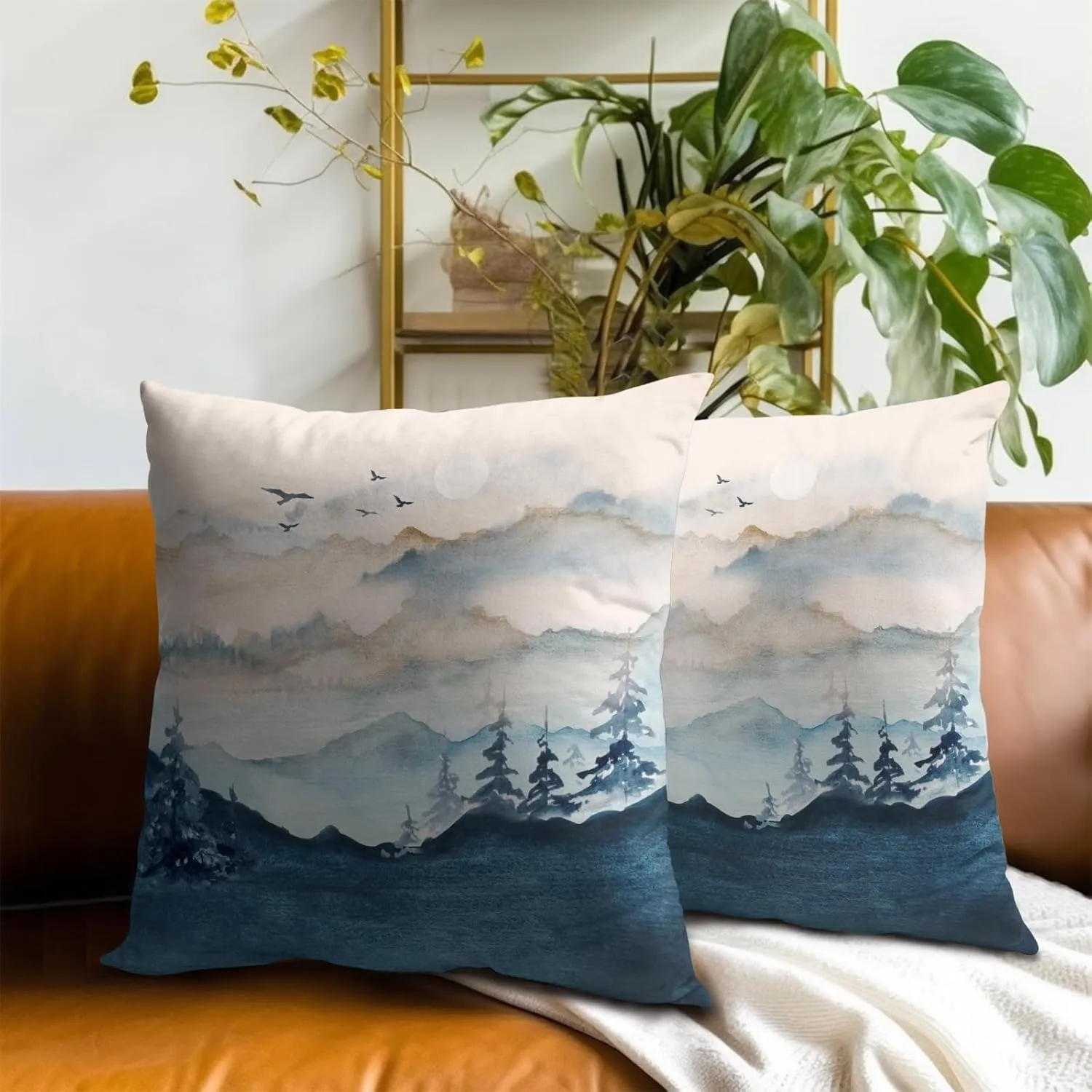 Imiss Misty Mountain Forest Pillow Covers 18x18 Inch Blue Burnt Orange Decorative Double Sided Cushion Covers Set of 2 Nature Landscape Pillowcases for Couch Bedroom Car
