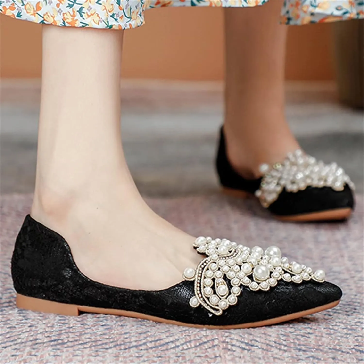 INEELUYI Women's Dress Shoes Lace Bowknot Pointed Toe Comfortable Flats Shoes Wedding Party