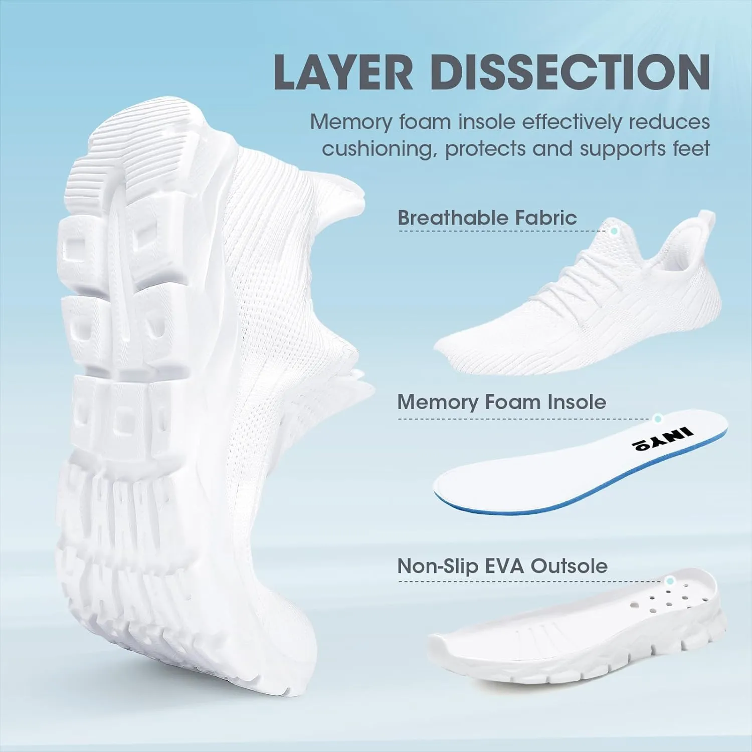 INYO Women's Tennis, Running Shoes - White, US Women's Size, Mesh Upper, Flat Heel, Lace-Up Closure, Round Toe, Casual Style, Athletic Shoe, Moderate Cushioning