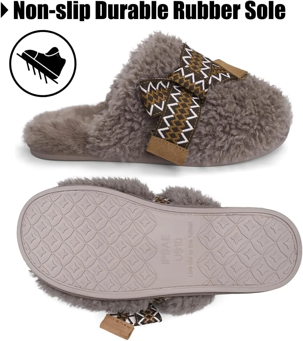 IPSAE Womens Maxi Curly Slide Slippers Winter Memory Foam Slippers Cozy Fuzzy Slippers Women Gifts House Cloud Bow Slippers for Women.