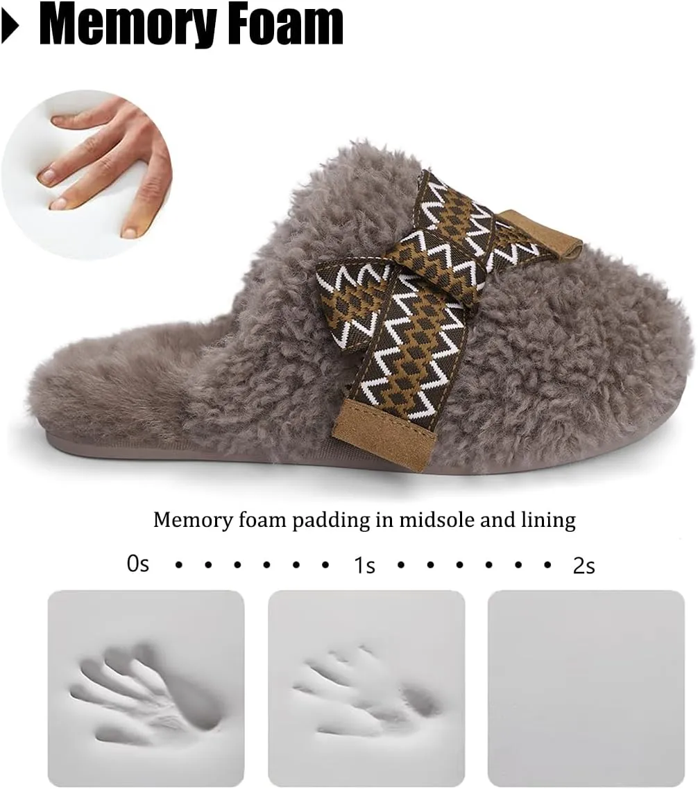 IPSAE Womens Maxi Curly Slide Slippers Winter Memory Foam Slippers Cozy Fuzzy Slippers Women Gifts House Cloud Bow Slippers for Women.