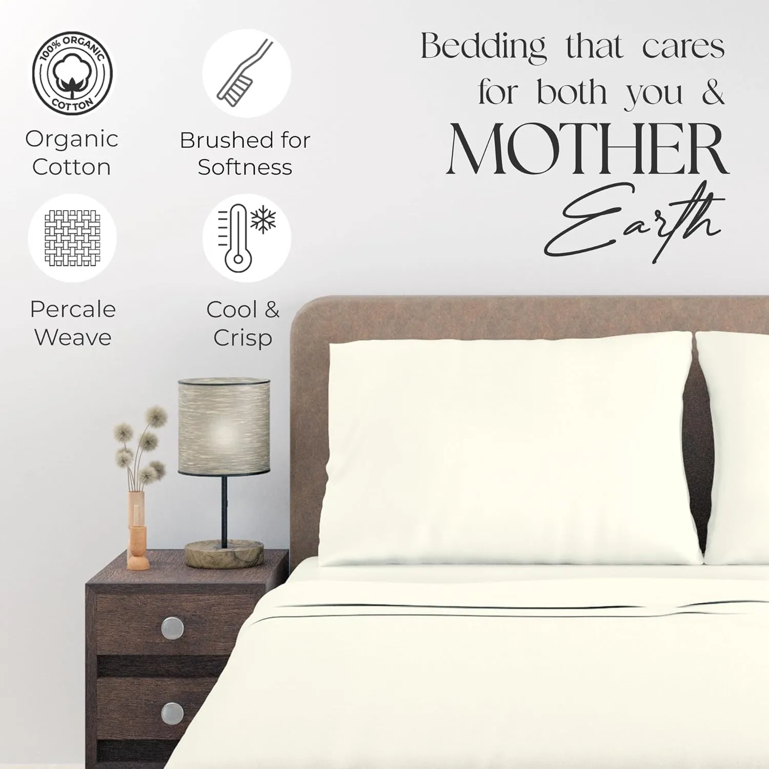 Ivory Sheet Set, Organic Cotton Deep Pockets Sheets for Queen Size Bed, Percale Sheets, Lightweight & Breathable, Easy Fit, Cool & Crisp