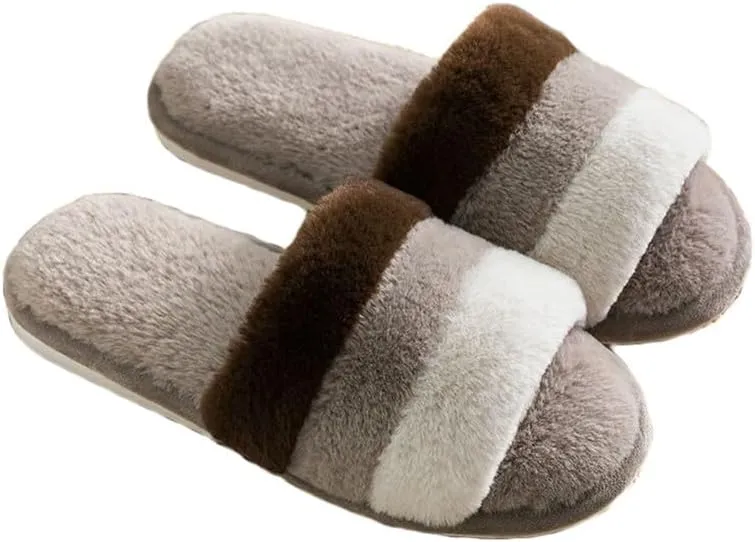 JadeRich Women's Fuzzy Open Toe Plush Slippers Colorblock Cozy Breathable Faux Fur Flat Slides Furry Slide Sandals