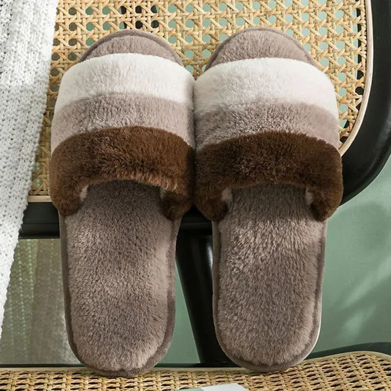 JadeRich Women's Fuzzy Open Toe Plush Slippers Colorblock Cozy Breathable Faux Fur Flat Slides Furry Slide Sandals