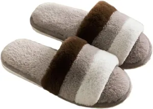 JadeRich Women's Fuzzy Open Toe Plush Slippers Colorblock Cozy Breathable Faux Fur Flat Slides Furry Slide Sandals