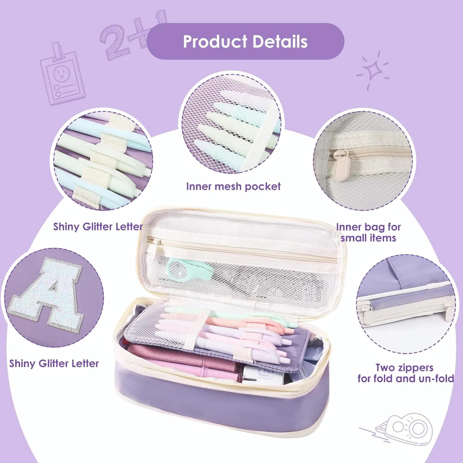 Janhavi Preppy Pencil Case for Girls, Girly Pencil Pouch with Compartment, Cute Pen Bag for Students, Teen Girl, Women, Adult, Soft Penicl Bag Organizer for School, College, Office, Travel -Purple R