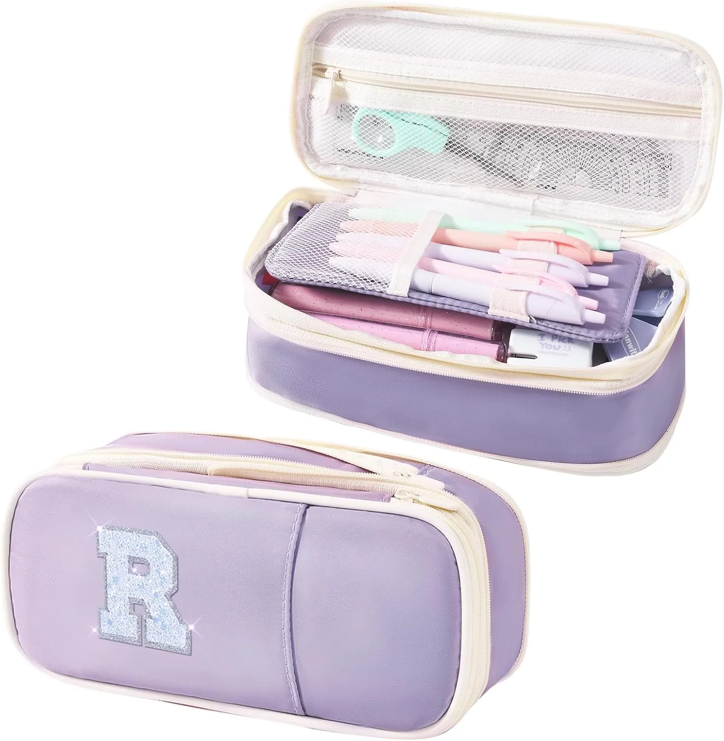 Janhavi Preppy Pencil Case for Girls, Girly Pencil Pouch with Compartment, Cute Pen Bag for Students, Teen Girl, Women, Adult, Soft Penicl Bag Organizer for School, College, Office, Travel -Purple R