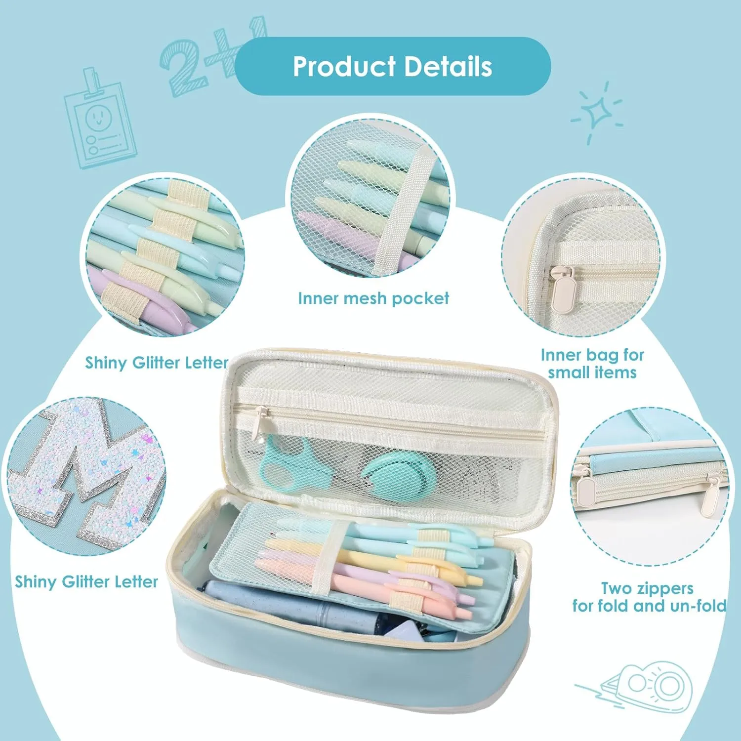 Janhavi Preppy Pencil Case for School Supplies, Initial Large Pink Pencil Case Organizer with Zipper, Cute Pencil Bag Holder for Office, Ideal Birthday Gift for Kids,Teen Girls, Adults-Blue S
