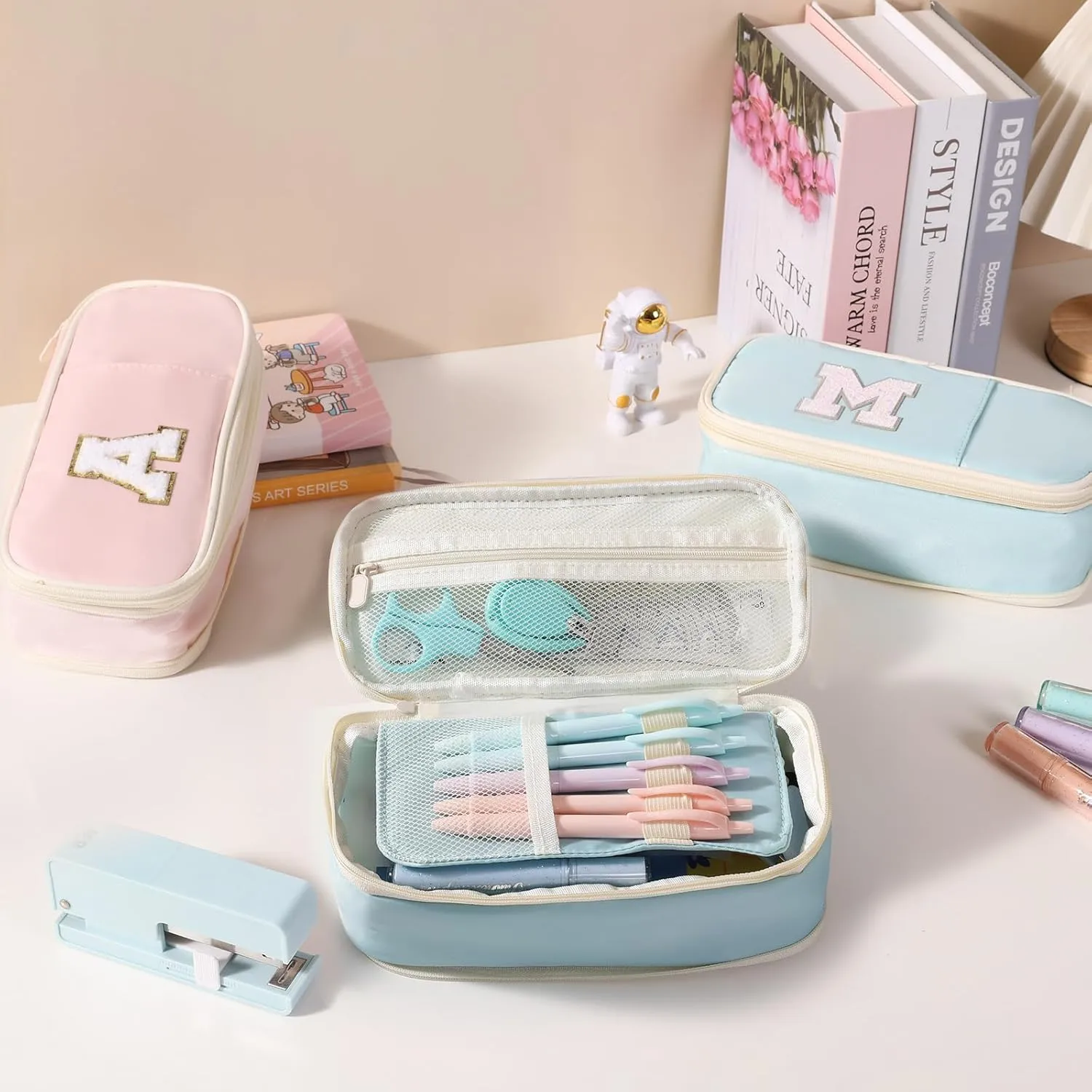 Janhavi Preppy Pencil Case for School Supplies, Initial Large Pink Pencil Case Organizer with Zipper, Cute Pencil Bag Holder for Office, Ideal Birthday Gift for Kids,Teen Girls, Adults-Blue S