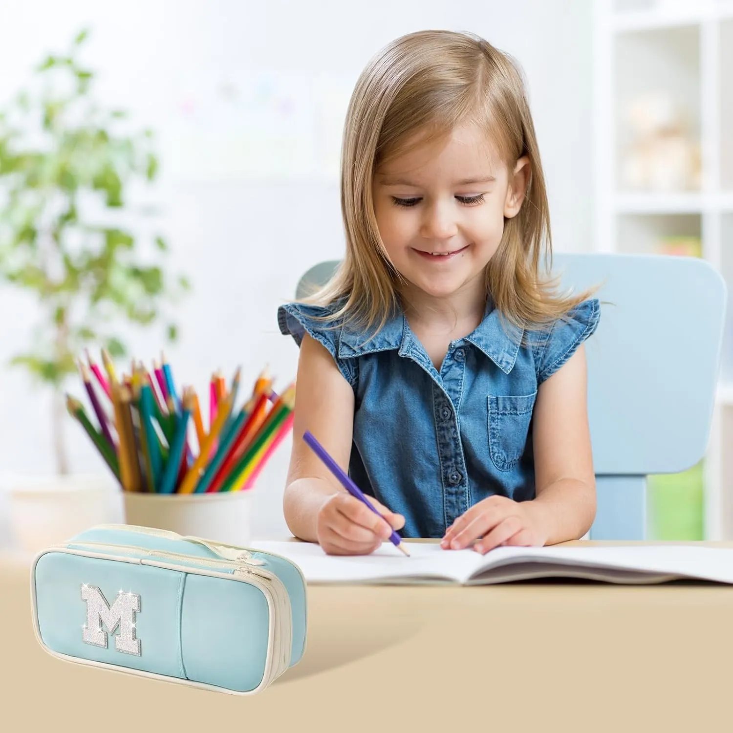 Janhavi Preppy Pencil Case for School Supplies, Initial Large Pink Pencil Case Organizer with Zipper, Cute Pencil Bag Holder for Office, Ideal Birthday Gift for Kids,Teen Girls, Adults-Blue S