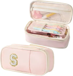 Janhavi Preppy Pencil Case for School Supplies, Large Initial Pencil Pouch with Zipper, Cute Pencil Bag for Office Supplies, Aesthetic Birthday Gift for Kids Teen Girls Adults - Pink S(Chenille)