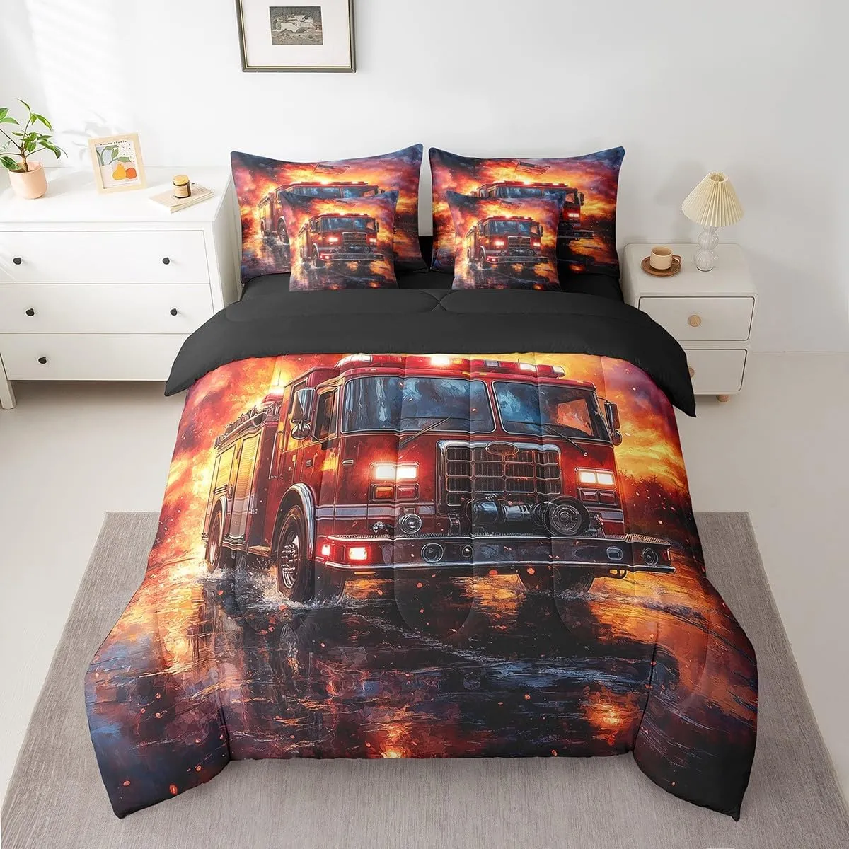 jejeloiu Fire Truck Comforter Set with Sheets Twin Size Kids Firemen Car Vehicle 7 Pieces Bedding Set for Boys Girls Teens Fire Engine Bed in a Bag Breathable Firefighter Bed Set