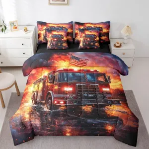 jejeloiu Fire Truck Comforter Set with Sheets Twin Size Kids Firemen Car Vehicle 7 Pieces Bedding Set for Boys Girls Teens Fire Engine Bed in a Bag Breathable Firefighter Bed Set