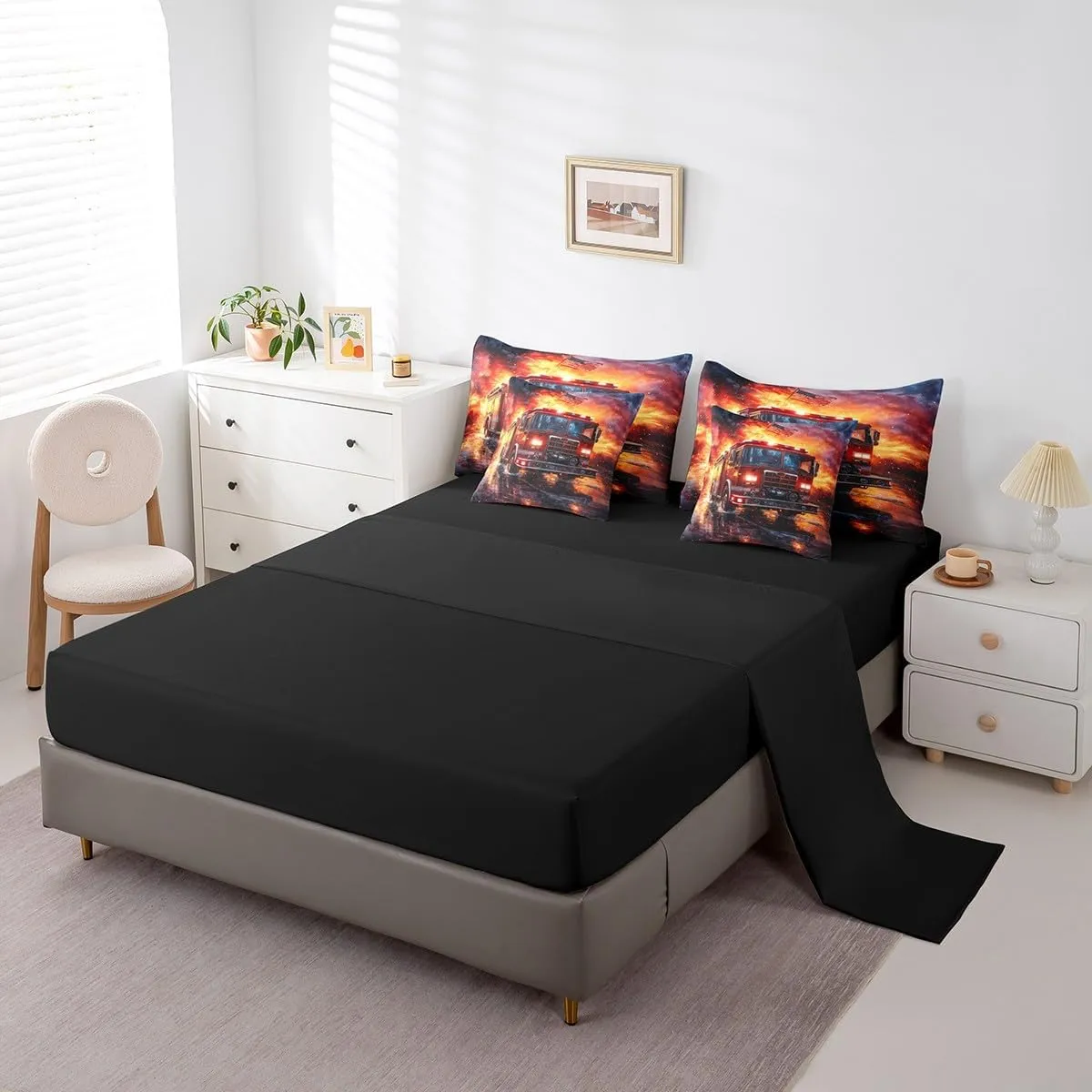 jejeloiu Fire Truck Comforter Set with Sheets Twin Size Kids Firemen Car Vehicle 7 Pieces Bedding Set for Boys Girls Teens Fire Engine Bed in a Bag Breathable Firefighter Bed Set
