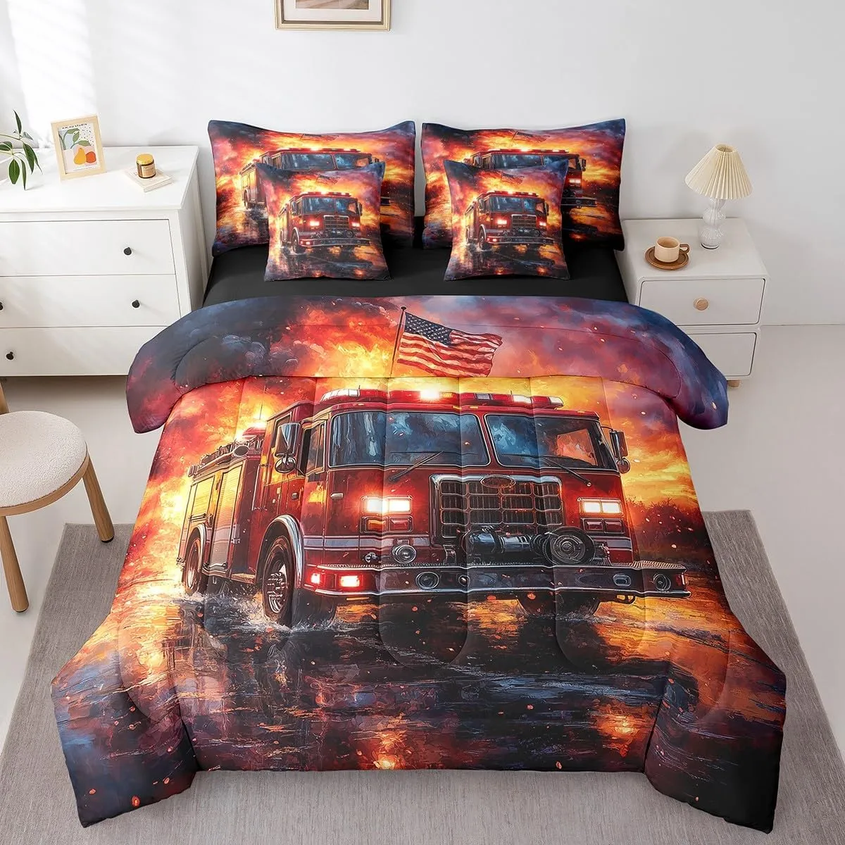 jejeloiu Fire Truck Comforter Set with Sheets Twin Size Kids Firemen Car Vehicle 7 Pieces Bedding Set for Boys Girls Teens Fire Engine Bed in a Bag Breathable Firefighter Bed Set