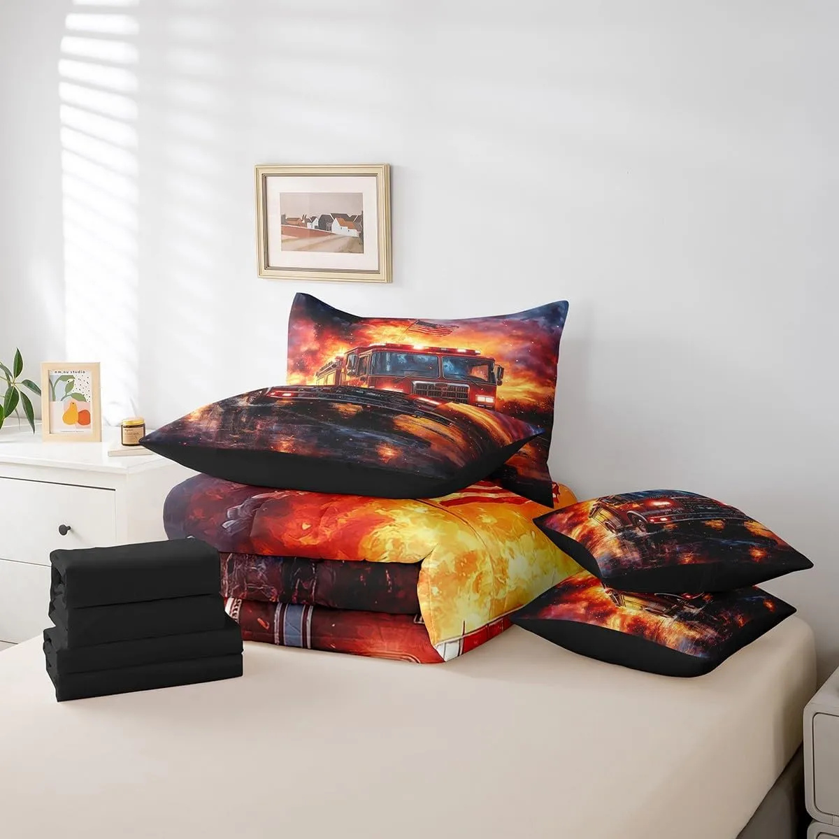 jejeloiu Fire Truck Comforter Set with Sheets Twin Size Kids Firemen Car Vehicle 7 Pieces Bedding Set for Boys Girls Teens Fire Engine Bed in a Bag Breathable Firefighter Bed Set