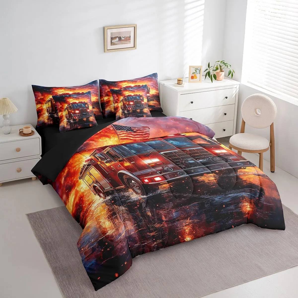 jejeloiu Fire Truck Comforter Set with Sheets Twin Size Kids Firemen Car Vehicle 7 Pieces Bedding Set for Boys Girls Teens Fire Engine Bed in a Bag Breathable Firefighter Bed Set
