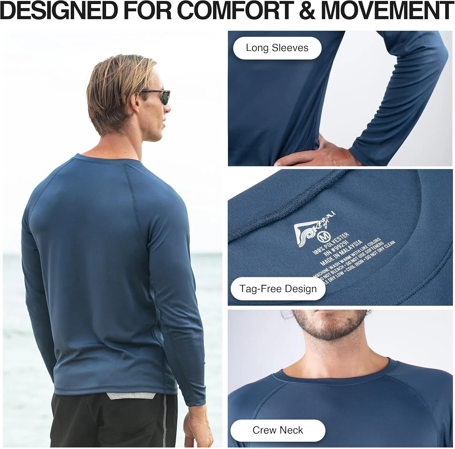 Kanu Surf Men's Rash Guard Long Sleeve Swim Shirts for Men SPF UPF 50 Sun Protection Fishing and Running Shirt
