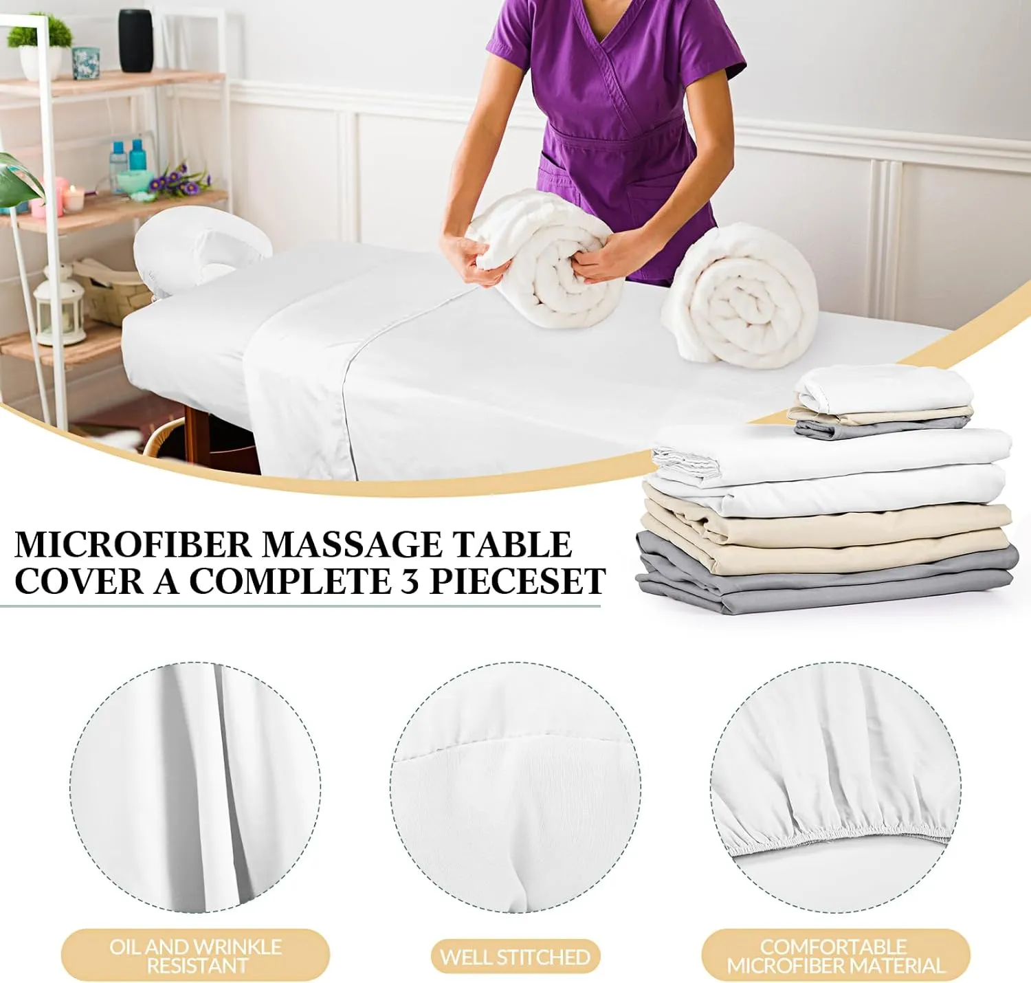 Kinlop 3 Sets Microfiber Massage Table Sheet Set 3 Colors 3 Piece Set Includes Massage Flat Sheet Fitted Sheet and Massage Face Rest Cover Stain Wrinkle-Resistant(Light Gray, Beige, White)