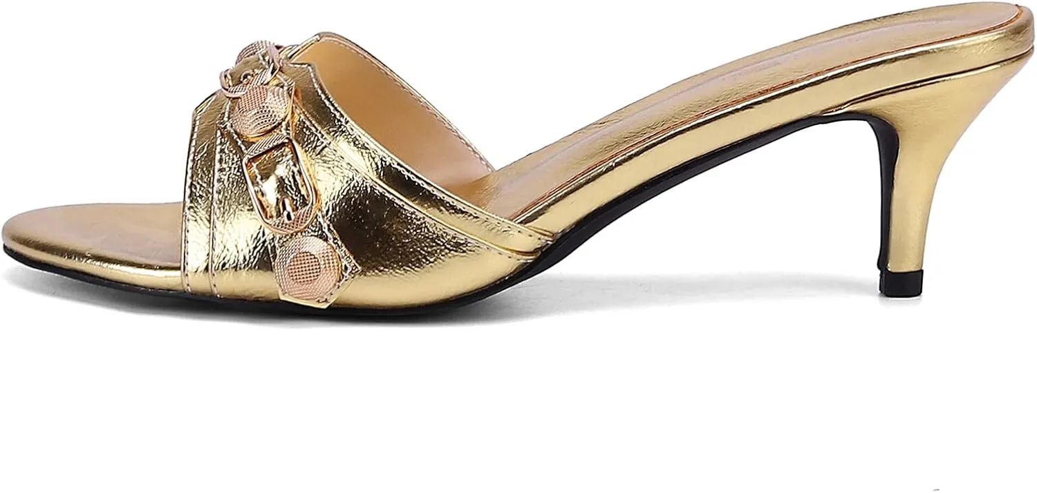 Kluolandi Women's Stiletto Heel Mules Sandals Studded Open Toe Slip On Kitten Heels Fashion Wedding Dress Slipper Slide