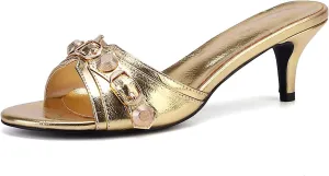 Kluolandi Women's Stiletto Heel Mules Sandals Studded Open Toe Slip On Kitten Heels Fashion Wedding Dress Slipper Slide